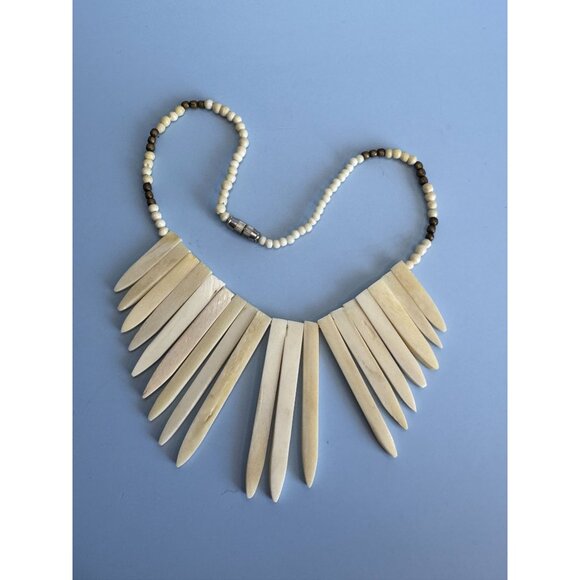 Natural Cow Bone Beaded Tribal-Inspired Necklace With Pointed Pendant Design & A - Picture 9 of 13